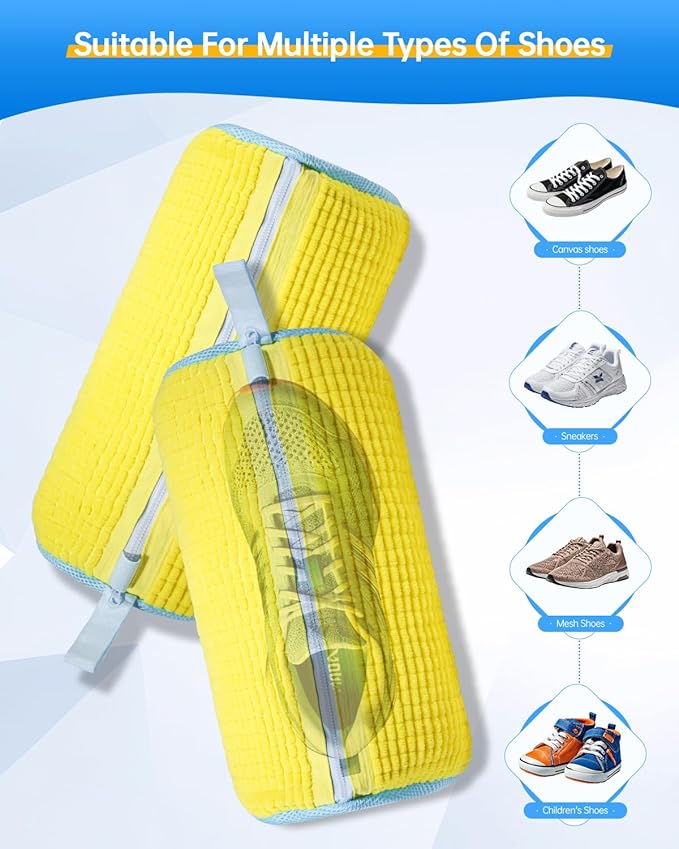 Shoe Washing Machine Bag – Reusable Laundry Shoe Bags for Washer and Dryer, Durable Chenille Microfiber with 360° Cleaning, Hidden Zipper Design for Sneakers, Tennis Shoes, Yellow, 2-Pack