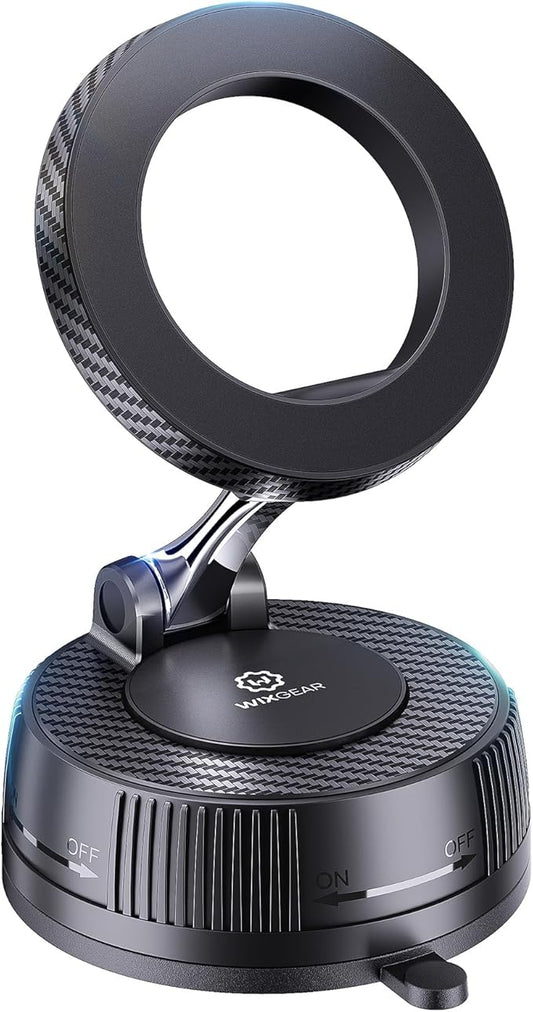 WixGear for MagSafe Car Mount - 78+LBs Suction Cup Phone Holder - 360° Adjustable Magnetic Cell Stand for iPhone 17 16 15 14 13 12 Pro Max - Dashboard Compatible Vehicle Accessory - Carbon Fiber
