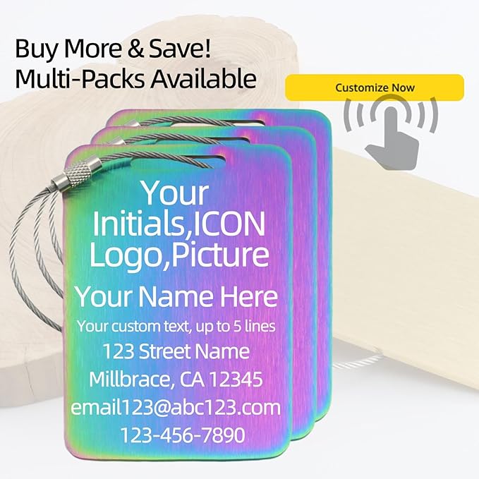 Sturdy and Durable Personalized Luggage Tags for Suitcases,Cruise Essentials Travel Tags for Luggage,Travel Bag Labels,Heavy-Duty Stainless Steel Colorfull Rectangular Vertical Suitcases Tags