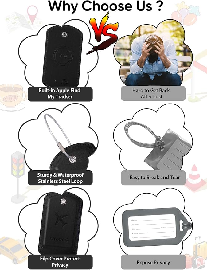 Luggage Tag with Tracker (iOS Only), Premium PU Leather Luggage Tags for Suitcase, Privacy Cover & ID Card Slot, Stainless Loop for Travel Bags, Backpack, Pet Carrier, Ideal Gadgets (Black)