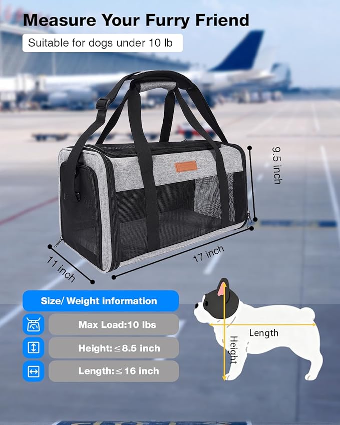 Dog Carrier Airline Approved - 17"×11"×9.5", Underseat, Under 10 lb, Top & Side Entry, Soft Sided Pet Carrier with Anti-Scratch Mesh for Small Dogs - Ideal for Travel and Vet Visit - Grey