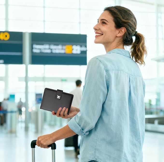 Passport Holder, Travel Wallet Cover with Pen Loop | Cute RFID Blocking Leather Case with Magnetic Closure for Travel Essentials-Black