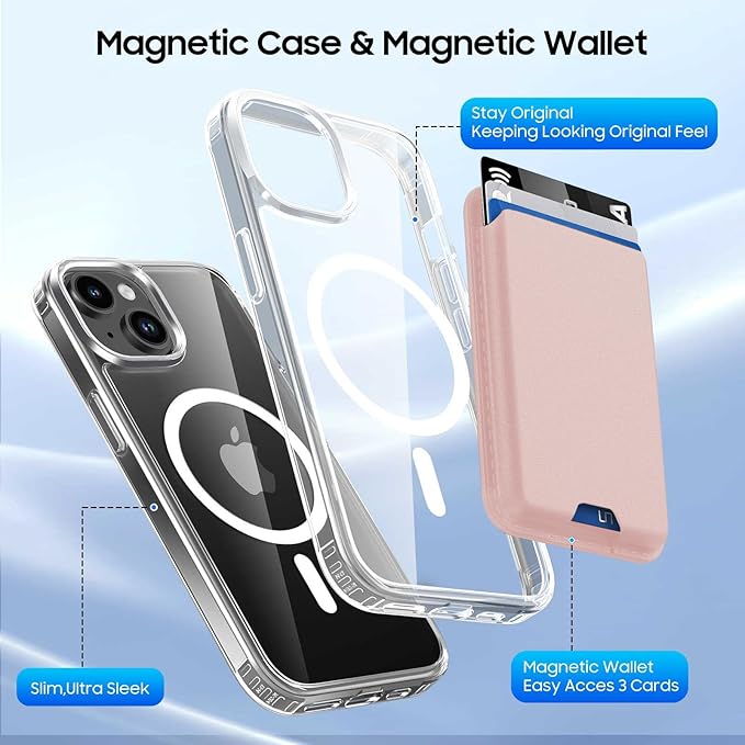 Magnetic for iPhone 14 Plus & iPhone 15 Plus Clear Case (Compatible with MagSafe) with Pink Detachable Wallet & Card Holder for 3 Cards [RFID Blocking] Military Grade Protective Slim Phone Cover