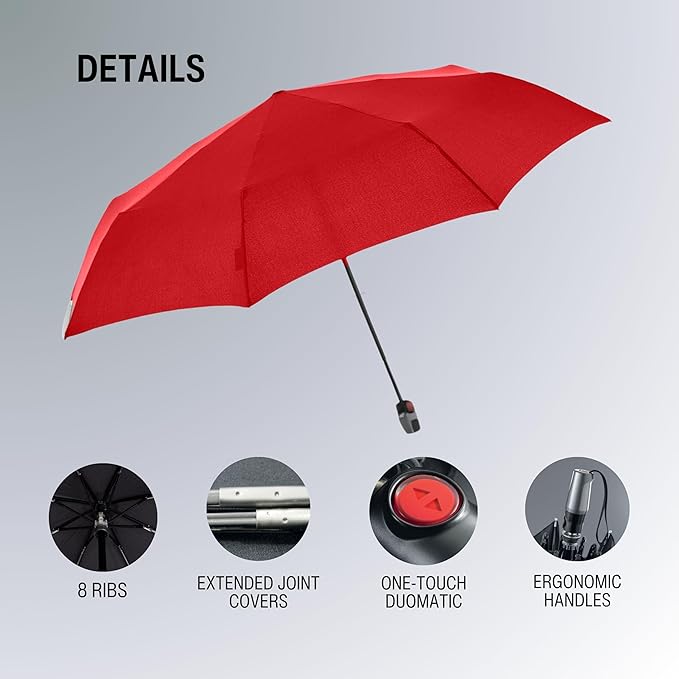 Knirps T.200 Duomatic Compact Rain Umbrella in Red– Wind Tunnel Tested to 93 mph, Aluminum Steel Fiberglass Frame, 38in Canopy, OEKO-TEX, High-Performance Automatic Travel Umbrellas