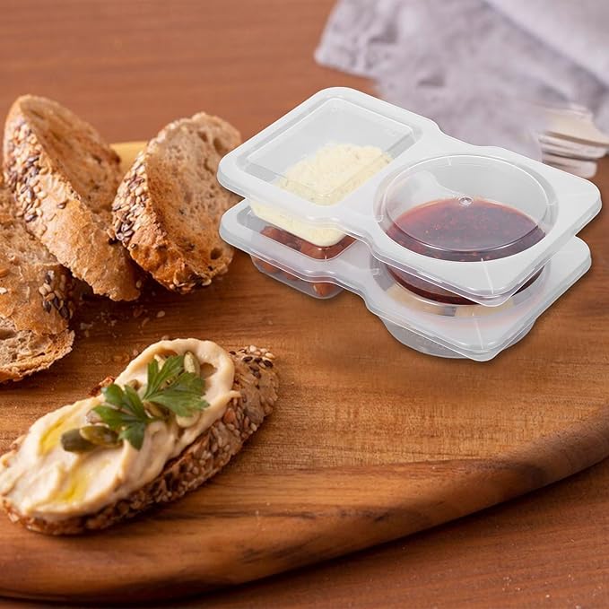 20 Sets Reusable Snack Containers With Lids, 2 Compartment Snack Pack Containers With Lids, Portable Plastic Food Container, Airplane Condiment Snack And Dip Container For Lunches Salad Outdoor
