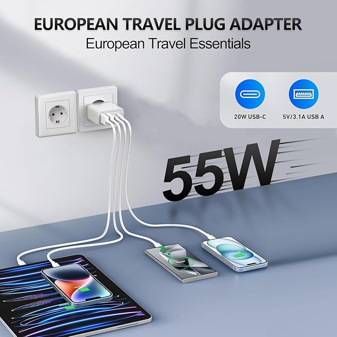 European USB C Charger 2 Pack, 55W European Travel Plug Adapter 4-Port Fast Charger Type C Wall Charger USA to Europe Plug Adaptor for iPhone 17 16 15 14 13 12 11 Pro Max X 8, Galaxy, Android