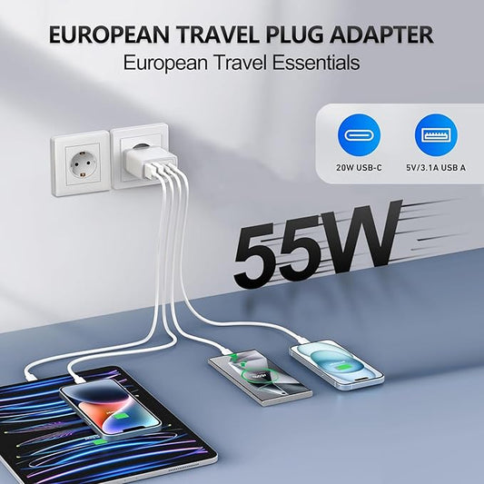 European USB C Charger 2 Pack, 55W European Travel Plug Adapter 4-Port Fast Charger Type C Wall Charger USA to Europe Plug Adaptor for iPhone 17 16 15 14 13 12 11 Pro Max X 8, Galaxy, Android