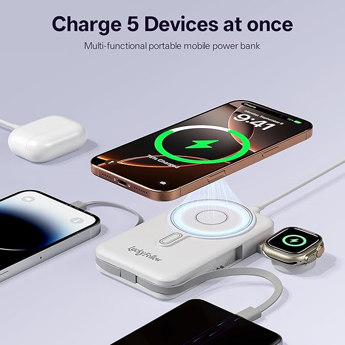 Magnetic Portable Charger Built-in Cables,10000mAh Fast Charging Wireless Charger Station External Battery Pack Slim Pocket Size Power Bank with Stand Compatible with iWatch, iPhone and Android Phones