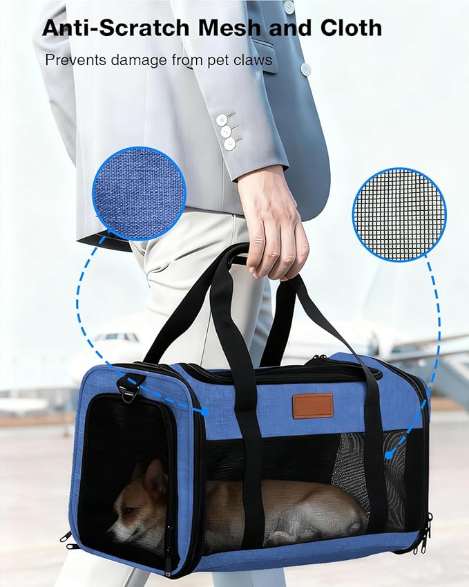 Dog Carrier Airline Approved - 17"×11"×9.5", Underseat, Under 10 lb, Top & Side Entry, Soft Sided Pet Carrier with Anti-Scratch Mesh for Small Dogs - Ideal for Travel and Vet Visit - Blue