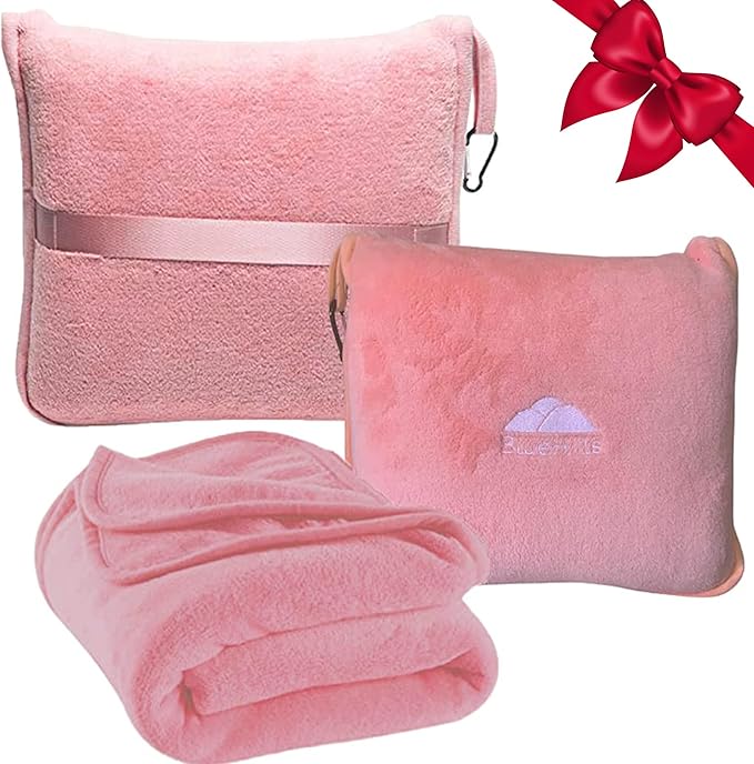 BlueHills Premium Soft Travel Blanket Pillow Airplane Blanket in Soft Bag case with Hand Luggage Belt and Carabiner Compact Pack Large Cozy Portable for Plane Car Train Transit Light Pink T020