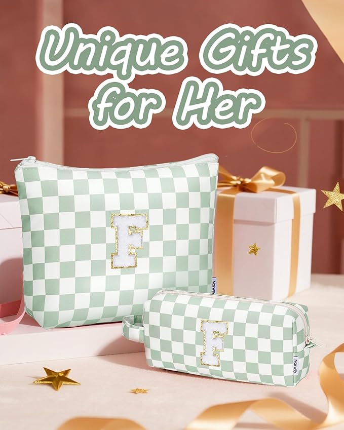 Narwey 2 Piece Personalized Initial Makeup Bag Checkered Cosmetic Bags, 6 8 10 11 12 13 14 16 18 Years Old Teen Girl Gifts Trendy Stuff Birthday Gifts for Women, Travel Toiletry Bag (Green Letter F)