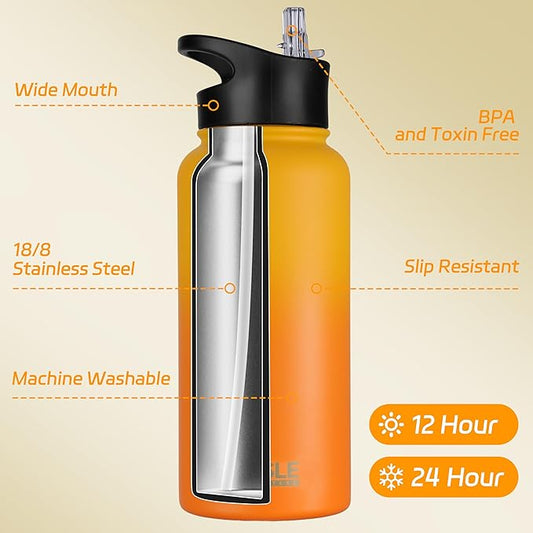 HASLE OUTFITTERS 32 oz Insulated Water Bottle Stainless Steel Double Walled Vacuum Sports Water Bottle with 2 Lids (Straw and Spout Lid) for Gym Camping Hiking(Yellow Orange Gradient,1)