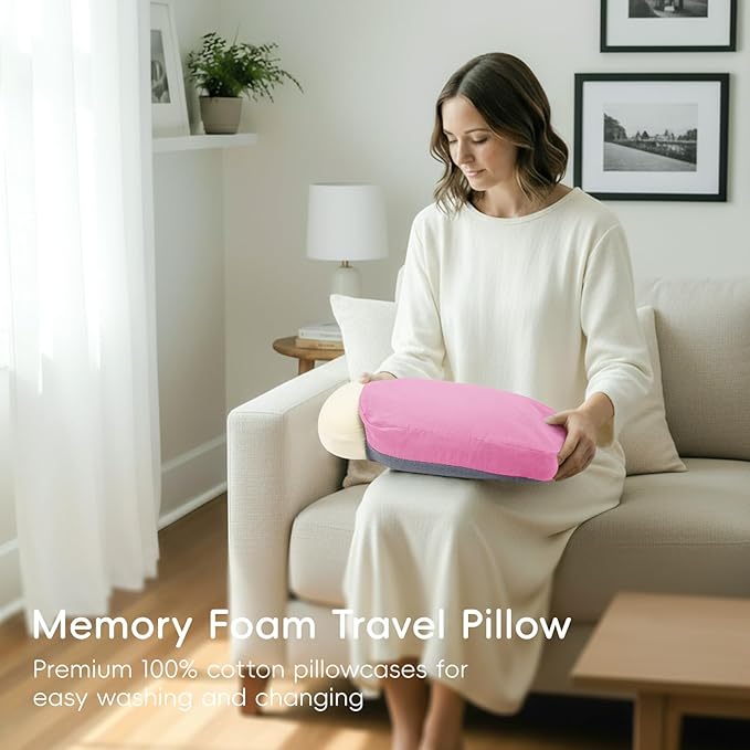 4-in-1 Travel Pillow & Blanket Set with Eye Mask, Memory Foam Neck Support, 50x65 Inch Blanket, Storage Bag for Airplane, Car, Train, Home Travel Pink