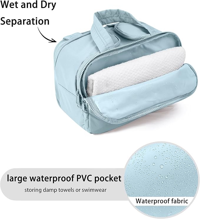 Travel Toiletry Bag for Women, Large Wide-open Puffy Cosmetic Makeup Bag with Wet-Dry Separation, Multi-Pocket Organizer with Carry Handle for Toiletries, Cosmetics, Essentials, Light Blue
