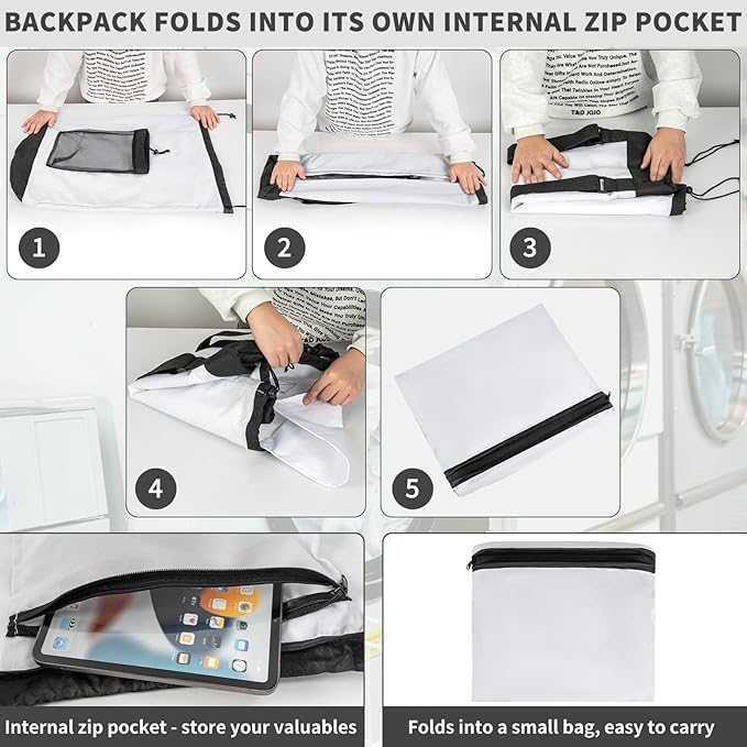 Laundry Bag Backpack with 3 Sizes Mesh Wash Bags and Shoulder Straps Foldable Clothes Hamper Bag with Drawstring Closure for College, Apartment, Laundromat (White)