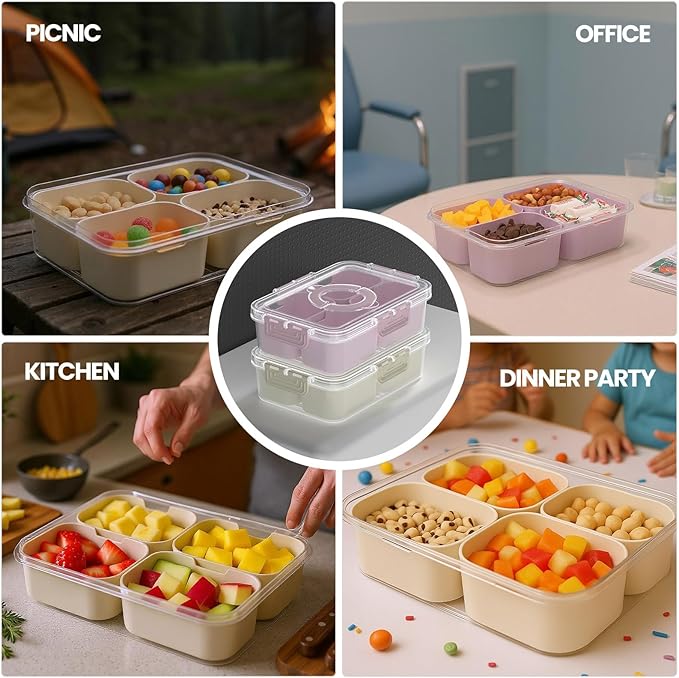 Snackle Box Container, Upgrade Dishwasher,Safe Snack Box for Adult Kids, 4 compartments Plastic Divided Serving Tray with Lid and Handle for Candy, Fruits, Snacks, Nuts,Small,Pink,1 Pack