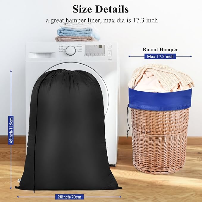OTraki 2Pack Laundry Bag 28x45 inch Drawstring Laundry Basket Hamper Line Bag XXL Large Dirty Clothes Storage Travel Bag Machine Washable for Camp College Dorm, Blue&Black