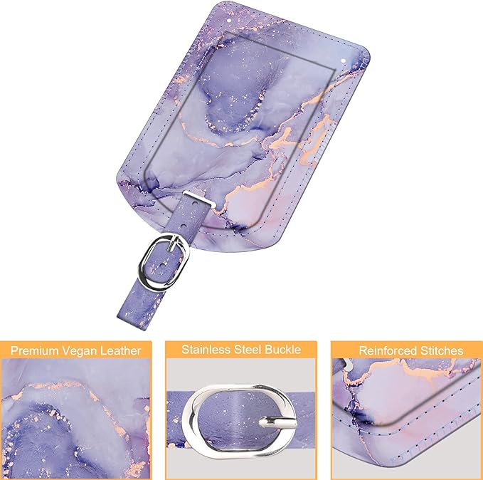 FINTIE 2 Pack Luggage Tags, Leather Name ID Labels with Privacy Cover for Travel Bag Suitcase, Theme - Lilac Marble
