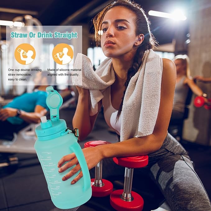 Collapsible Water Bottles, 2L/64OZ travel water bottle Bottle with Straw, Half Gallon Large Water Bottle for Travel Outdoor Sports Runing Fitness Yoga (Upgraded Snow Cyan)