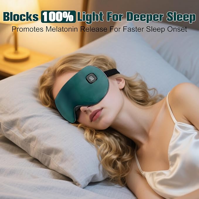 Heated Eye Mask, Rechargeable Detachable Washable Faux Silk Electric Cordless Dry Eyes Warmer Compress Graphene Sleep Mask Travel Gifts for Men Women, 3 Heat Levels & Auto-Off, Blackish Green