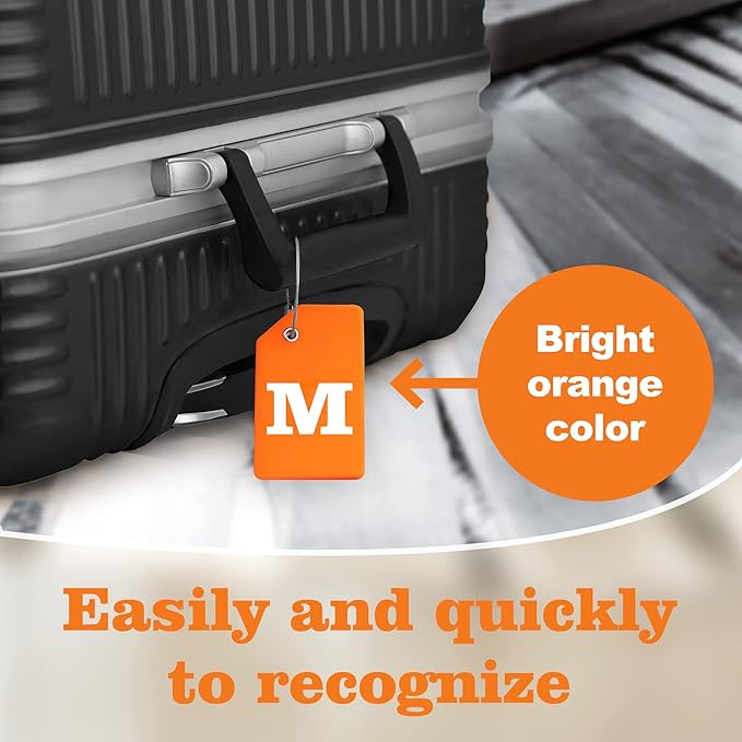 Gostwo 2 Pack Silicone Luggage Tags for Suitcases, 26 Initial Letter Baggage Labels Handbag School Bag Suitcase Instrument Tag with Stainless Steel Loop(Orange)(Letter M)
