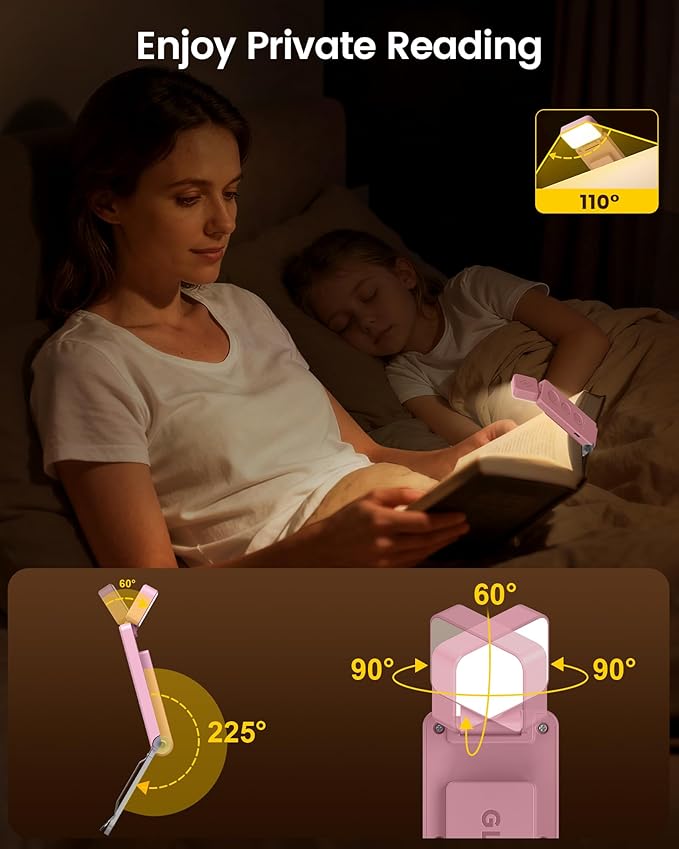 Glocusent 12 LED Rechargeable Book Light, Clip-on Reading Lamp with 5 Colors & 5 Brightness Levels, Up to 100Hrs Runtime, Eye-Caring Reading Lights for Books in Bed, Perfect for Book Lovers, Kids