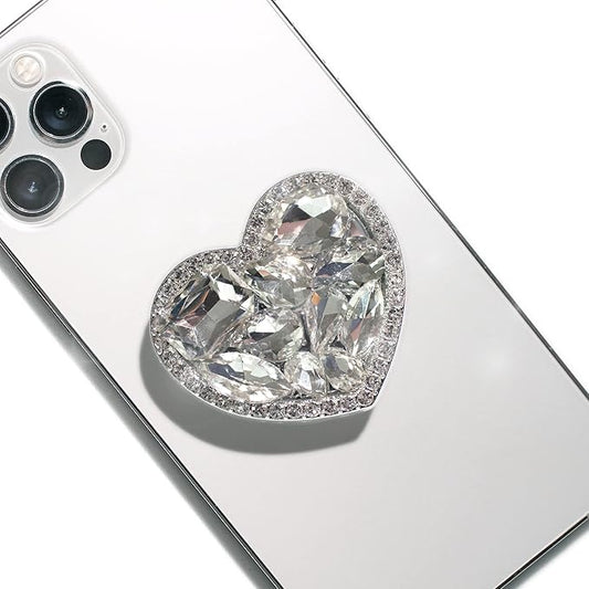 OnTheGrip Cute Cubic Diamond Heart Shape Design Collapsible Expandible Mobile Phone Grip Stand Holder for Smartphone Tablet Cell Phone Accessory (Silver Small)