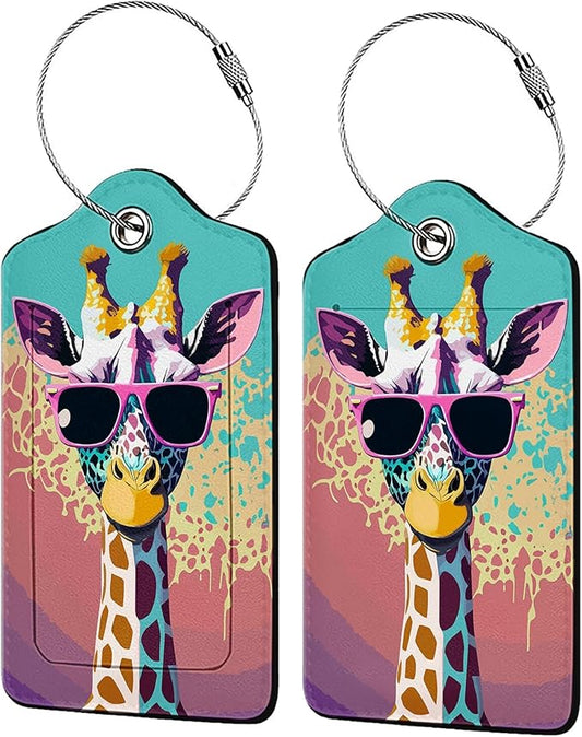 Giraffe in Sunglasses 2 Pack Luggage Tag for Suitcase, Leather Bag Tags Identifiers Privacy Cover ID Label with Steel Loop for Women Men Kids Girls Travel