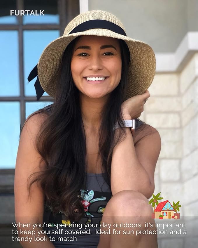 FURTALK Womens Beach Sun Straw Hat UV UPF 80+ Travel Foldable Brim Summer UV Hat