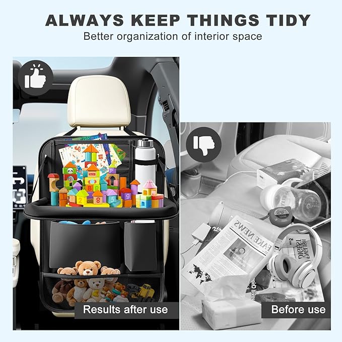 Car Backseat Organizer with Tablet Holder,6 Storage Pockets Car Storage Organizer with Foldable Food Tray,Kick Mats Backseat Protector Travel Accessories (Black)