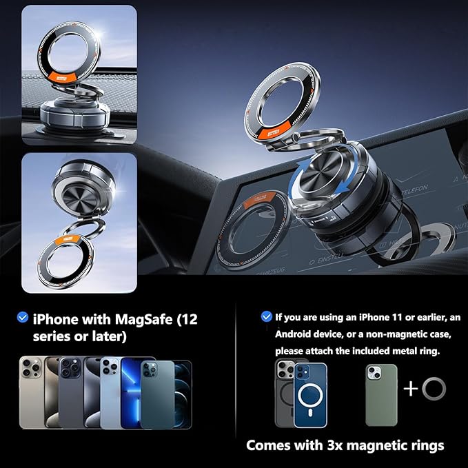 GONSIFACHA Suction Cup Phone Mount 360° Zinc Alloy Phone Stand Vacuum Magnetic Car Holder Compatible with MagSafe Adjustable Car Phone Mount Compatible with iPhone Android and All Smartphoness