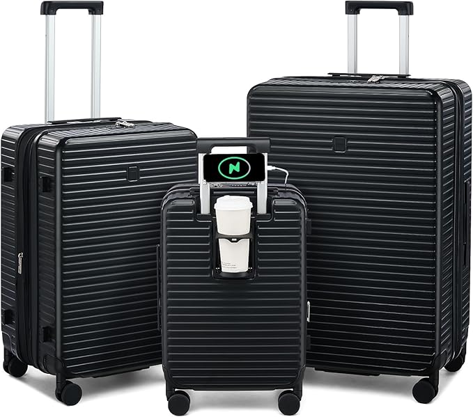 Hard Shell Suitcases Expandable Travel Luggage Sets 3 Piece, Carry on and Check in 3 Piece Luggage Suitcase Sets with Spinner Wheels Cup Holder Charger Built in (Black, 20/24/28)
