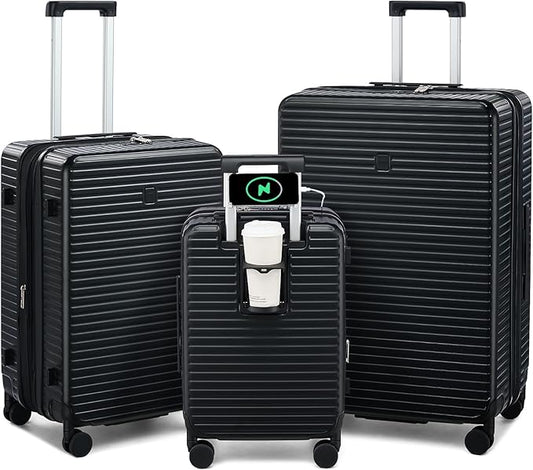Hard Shell Suitcases Expandable Travel Luggage Sets 3 Piece, Carry on and Check in 3 Piece Luggage Suitcase Sets with Spinner Wheels Cup Holder Charger Built in (Black, 20/24/28)