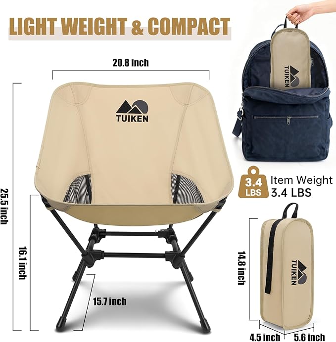 TUIKEN Ultralight Camping Chair Backpacking Chair, Portable Camp Chair with Cup Holder & Storage Bag, Lightweight Compact Folding Chair for Hiking, Travel, Picnic Mountaineering (Light Brown)