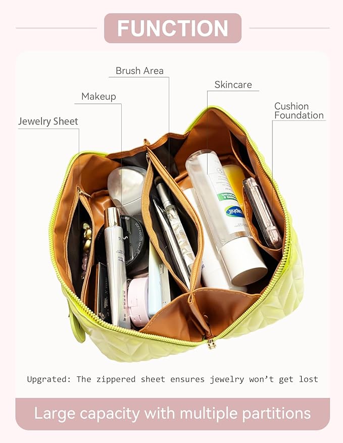 Travel Makeup Bag for Women, Large Capacity Cosmetic Bags for Girls, Compact Pouch Make up Organizer, Waterproof Toiletry Bag with Divider and Handle (Green)