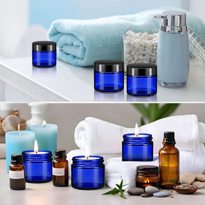 Domensi 32 Pcs 2 oz Glass Jars with Lids Travel Size Round Leakproof Empty Cosmetic Jars with Inner Liners Lid for Storing Makeup Lotions Face Cream Ointments Candle DIY Making (Royal Blue)