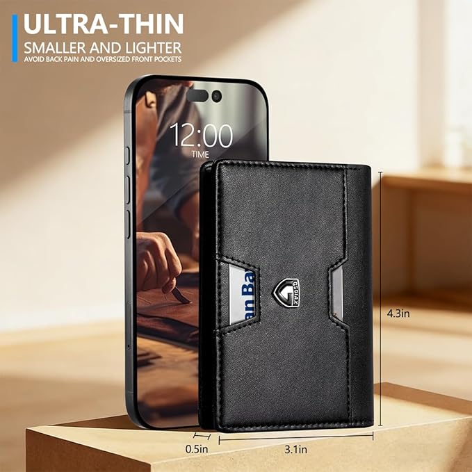 GSOIAX Wallet for Men Slim RFID Blocking Front Pocket Bifold Wallet Leather Money Clip 10-12 Cards Mens Wallet with ID Window Thin Minimalist Credit Card Holder Birthday Gifts for Men Leather-Black