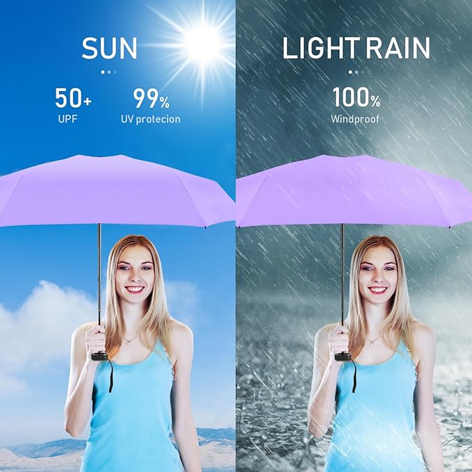 LEAGERA Compact Mini Travel Umbrella with Case - Mini Umbrella for Purse, Small Lightweight &Tiny Design Perfect for Parasol Outdoor Sun&Rain Umbrellas, Light Purple Color