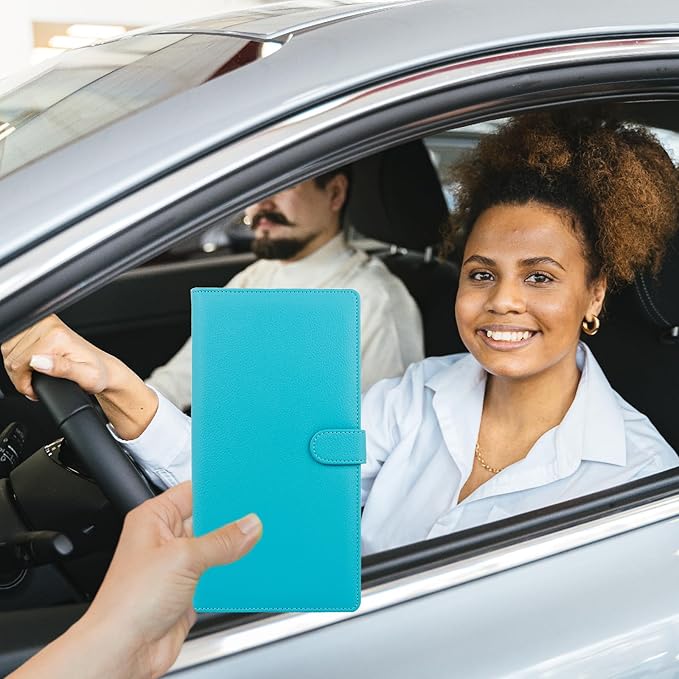 Car Registration and Insurance Holder, Leather Magnetic Shut Vehicle Glove Box Organizer for Document, Card, Driver License, Turquoise