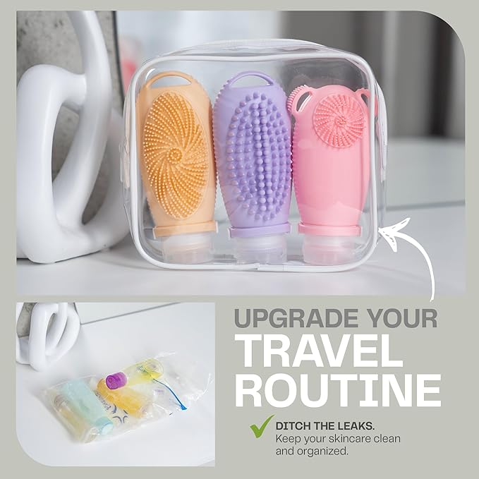 Sumina Premium Silicone Travel Bottles 3-Pack (3.4oz) | TSA Approved Leakproof Toiletry Containers | Refillable Shower Bottles & Gentle Exfoliating Scrubber for Sensitive Skin