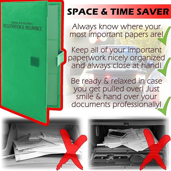 Auto Insurance and Registration Card Holder - Vehicle Glove Box Document Organizer - Car Essential Paperwork Holder for DMV, AAA, Contact Information Cards - Premium PU Leather Wallet Case - Green