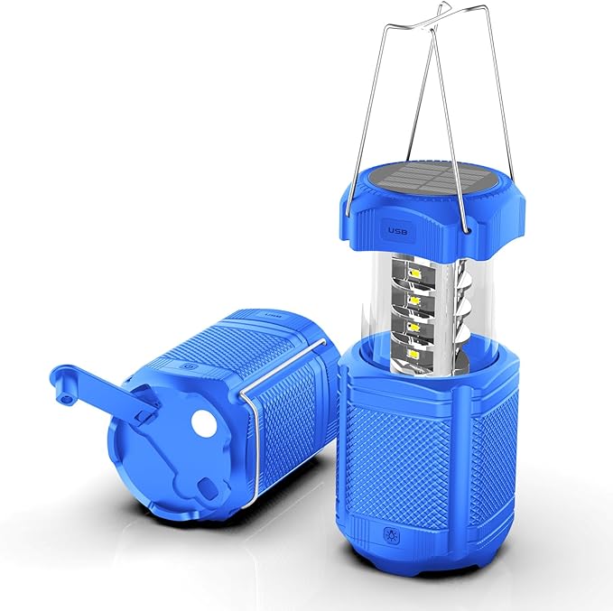 Camping Lantern 5000mAh Solar Hand Crank Telescopic LED Flashlight USB Charger for Power Outages ,Portable Rechargeable Battery Powered Operated Lanterns Lamp, Camping Gear Accessories (Blue)