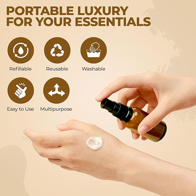 6 Pack, 3 30ml (1oz) & 3 15ml (0.5oz) Empty Refillable Glass Amber Pump Bottle Ideal for Lotion Cream Essential Oil Travel Small Container, Convenience Pack