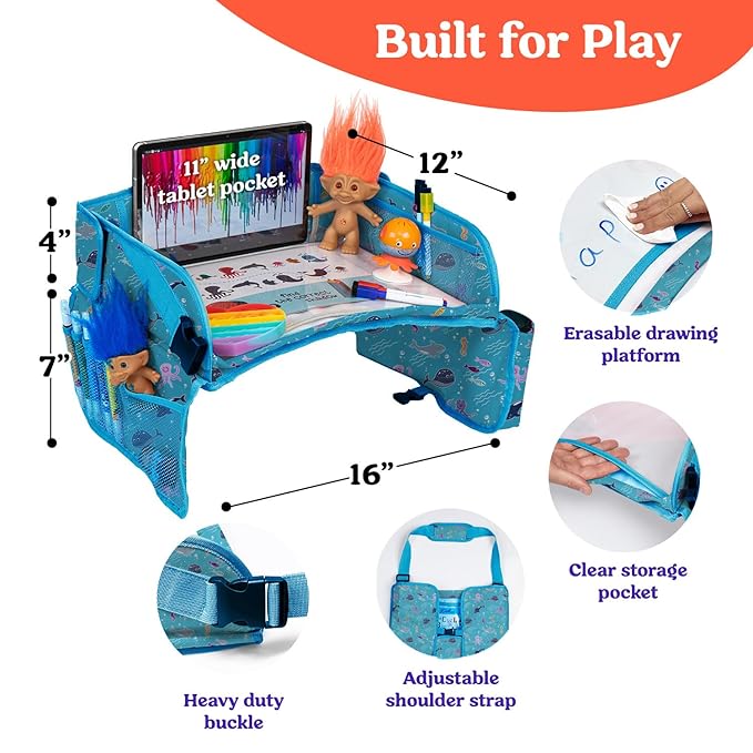 PILLANI Kids Travel Tray for Car - Car Seat Tray for Kids Travel, Road Trip Essentials Must Haves - Carseat Table Roadtrip Activities - Toddler Lap Desk Organizer for Airplane - Kids Travel Essentials