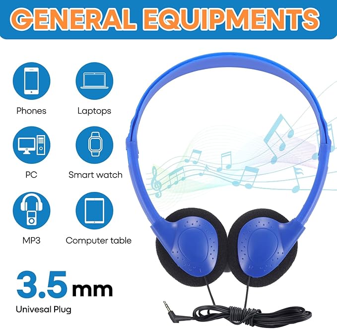 Kids Headphones Bulk 100 Pack for School Classroom Student Children Toddler Boys Girls Teen and Adults, Wholesale Wired Computer Earphones Class Set for Library Museums Airplane (HY857,100 Blue)