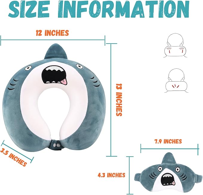 Cute Travel Neck Pillow, Kids Neck Pillow for Travel with Sleep Eye Mask, Memory Foam Cartoon Flight Sleeping Headrest Pillow for Boys & Girls, Train, Car, Airplane, Home Use - Bigmouth Shark