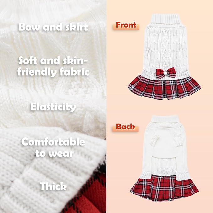 YUDODO Small Dog Sweater Dress with Bowtie Turtleneck - Knitted Pet Girl Dog Winter Clothes - Pet Warm Sweater for Puppy Yorkies, Chihuahua (XL White)