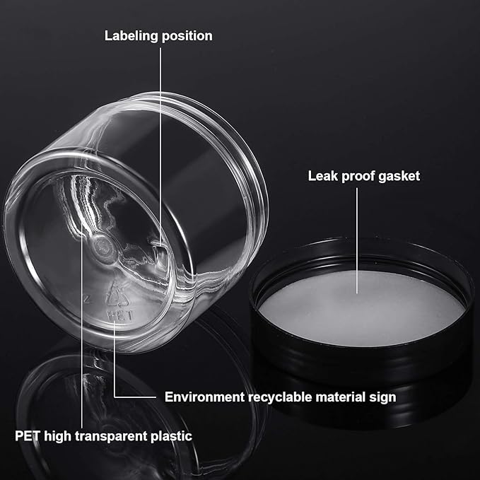 SATINIOR 12 Pack 6 oz Plastic Container Jars with Lids Round Clear Travel Cosmetic Container Slime Jars for Toiletries, Lotion, Cream, Ointments, Makeup, Rhinestone, Samples, Kitchen Storage(Black)