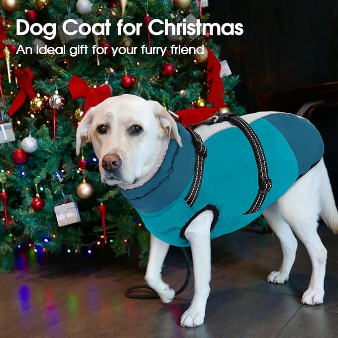 SUNFURA Large Dog Coat with Harness Built in, Warm Dog Jacket Waterproof Pet Winter Coat Snowsuit for Cold Weather, Reflective Fleece Jacket for Large Dogs, Border Collie, Turquoise XL