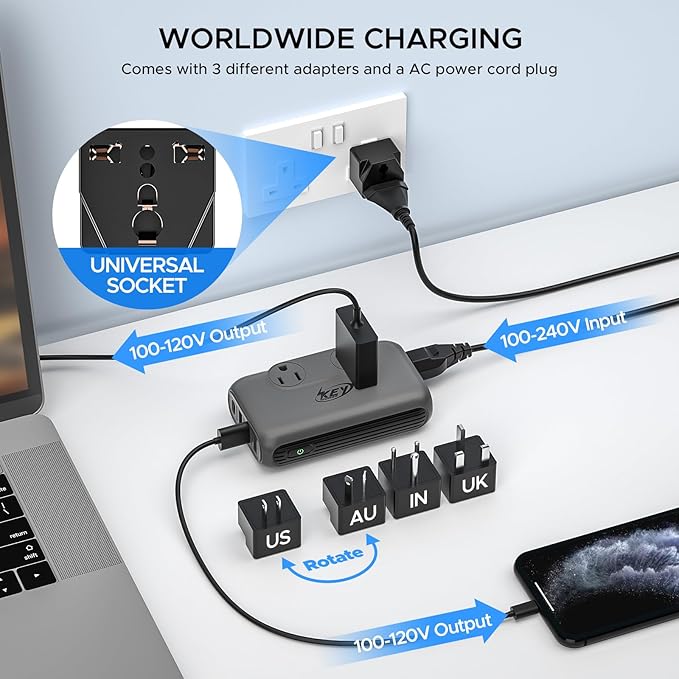 220V to 110V Converter, Key Power 230-Watt Step Down Voltage Converter & Power Converter, International Travel Power Adapter with USB C Port 18W.